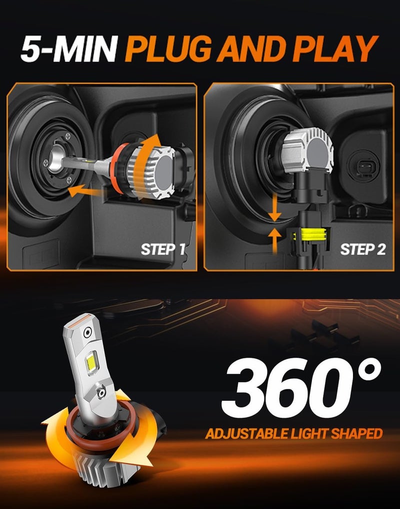 SEALIGHT H11 LED Fog Light Bulbs, 44000LM H8 H16 H11 LED Bulbs 6500K Cool White, 360° Adjustable Ring, Non-Polarity, IP68 Waterproof, Pack of 2 - Image 4